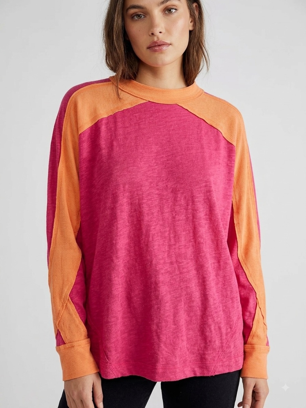FP Movement Free People Colorblock Long Sleeve Top Pink Orange Women Size L